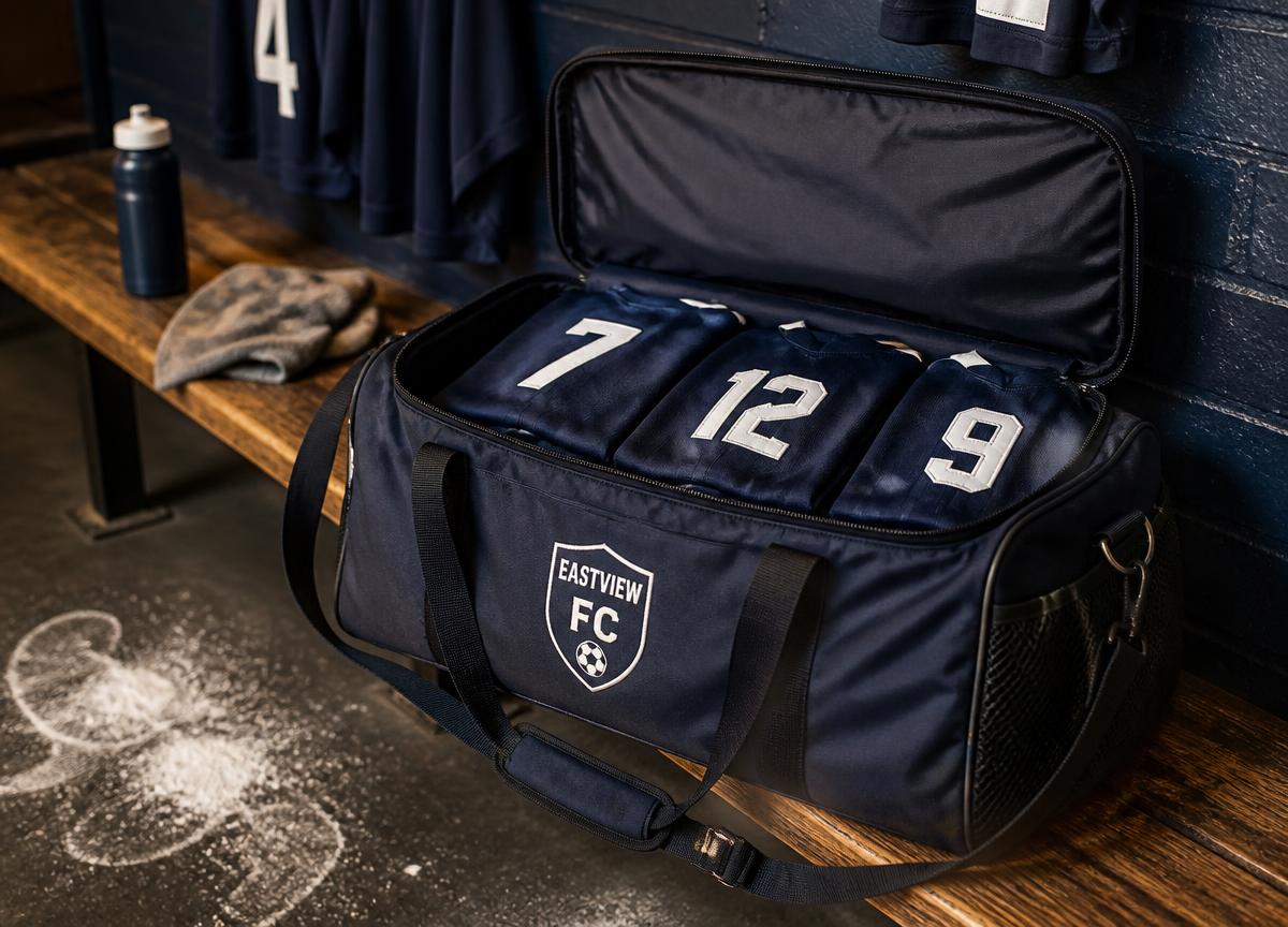 Open kit bag on a change-room bench with pressed team jerseys